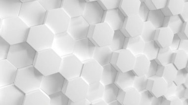 Soyut Hexagon Geometrik Yüzey Döngüsü ışığı parlak temiz minimum altıgen ızgara deseni, saf duvar mimarisi beyazında rastgele sallanan hareket arkaplan kanvası. Kusursuz döngü