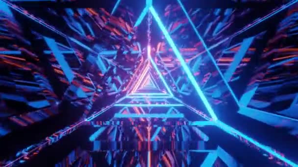 Latanie Przez Świecące Neonowe Trójkąty Tworząc Tunel Odbiciem Grunge — Wideo stockowe