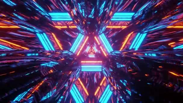 Létání Zářícími Neonovými Trojúhelníky Vytváří Tunel Reflexní Smyčkou — Stock video