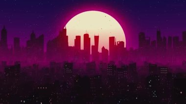 80 'lerin modası geçmiş, neon şehir geçmişine sahip. Hareket eden şebeke zeminli kusursuz siber punk şehir manzarası. Müzik videosu için VJ synthwave 3 boyutlu canlandırma
