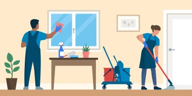 Evde çalışan profesyonel temizlik servisi. Pencereleri ve zemini temizliyorlar.