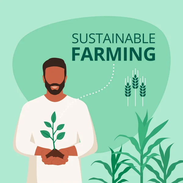 微笑持有土壤和发芽植物的传统农民 可持续农业 有机农产品和生态概念 带有复制空间的社交媒体贴文模板 — 图库矢量图片