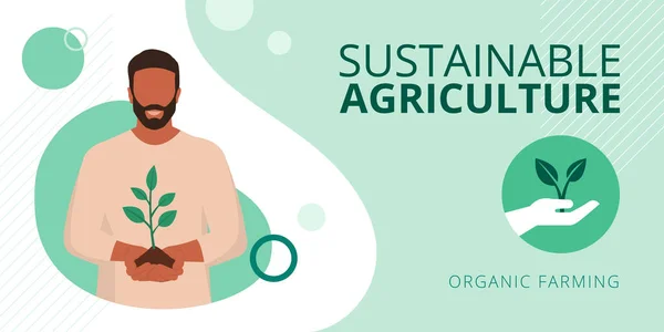 Smiling Tradicional Agricultor Exploração Solo Uma Planta Brotando Agricultura Sustentável —  Vetores de Stock