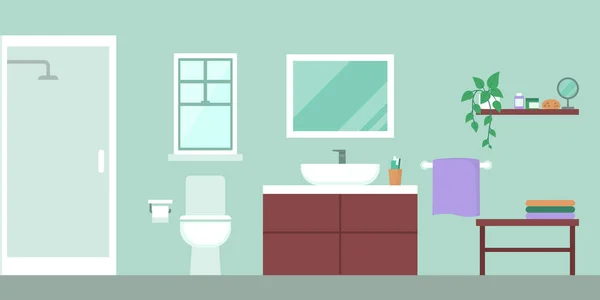 Interior Moderno Banheiro Com Chuveiro Vaso Sanitário Pia Detergentes —  Vetores de Stock