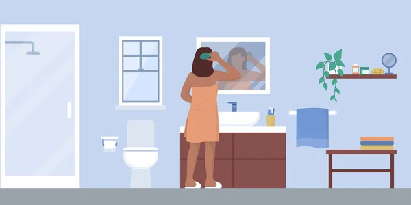 年轻女子洗完澡后在浴室里梳头 房间里里外外 — 图库矢量图片