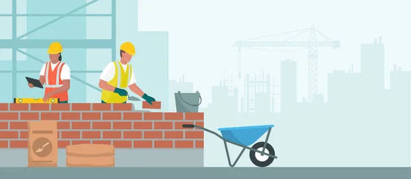 专业建筑工人铺砖和检查砖头 — 图库矢量图片