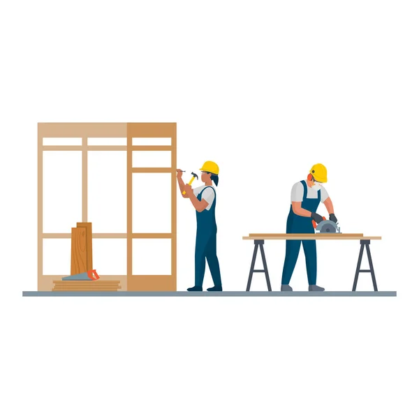 Professional Carpenters Work Cutting Wood Building Wood Frame Structure — Stock Vector