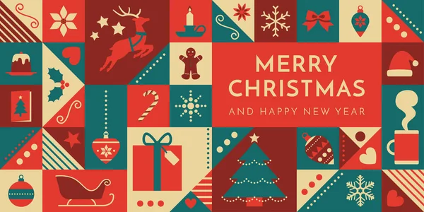 Χριστουγεννιάτικο Πανό Γεωμετρικά Εορταστικά Εικονίδια Και Αντίγραφο Χώρου — Διανυσματικό Αρχείο