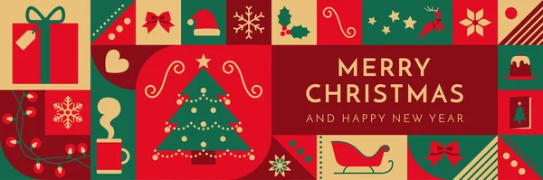Weihnachten Und Frohes Neues Jahr Banner Mit Festlichen Symbolen Und — Stockvektor