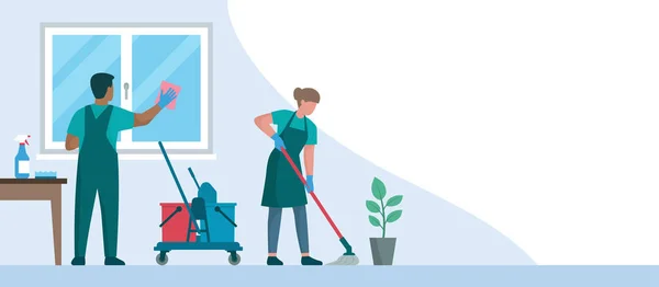 Επαγγελματική Υπηρεσία Καθαρισμού Που Εργάζονται Στο Σπίτι Καθαρίζουν Παράθυρα Και — Διανυσματικό Αρχείο