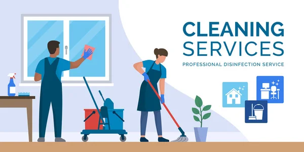 自宅で働くプロフェッショナルな清掃サービス 彼らは窓や床を掃除しています — ストックベクタ