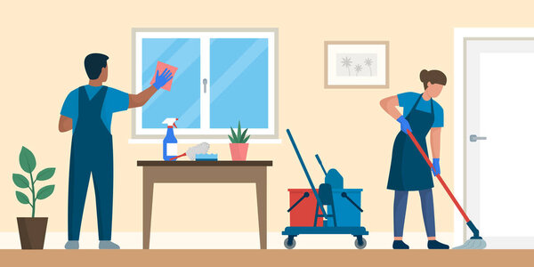 Уборщики работают дома, моют окна и полы