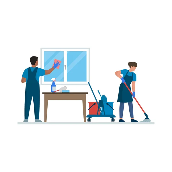 Service Nettoyage Professionnel Travaillant Maison Ils Nettoient Les Fenêtres Les — Image vectorielle