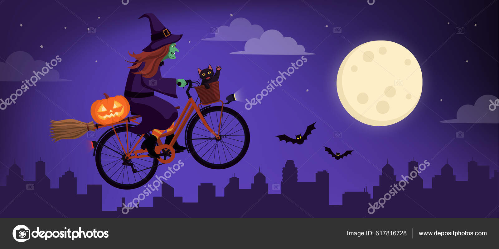Τρομακτική Μάγισσα Ιππασία Ένα Μαγικό Ποδήλατο Μαύρη Γάτα Της Και  Διανυσματικό Αρχείο από ©elenabs617816728