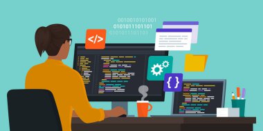 Profesyonel kadın yazılım mühendisi masada oturuyor ve çalışıyor. Kodu programlıyor ve kontrol ediyor.