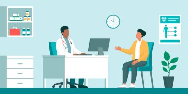 Doktor ve hasta ofiste buluşuyor, ilaç ve sağlık hizmetleri konsepti