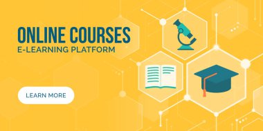 Kopya alanı ve simgeleri olan e-öğrenme ve dijital eğitim kavramsal afişi