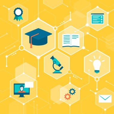 E-öğrenme platformu, dijital eğitim ve çevrimiçi kurslar, bir ağdaki simgelerle soyut arkaplan