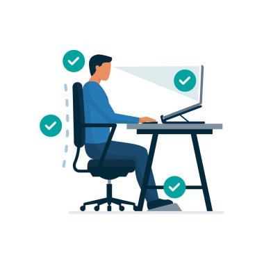 Ergonomic workspace and proper sitting posture at desk, man sitting properly at desk and working with a laptop clipart