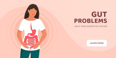 Sad painful woman with inflammatory bowel disease: gut problems and constipation banner clipart