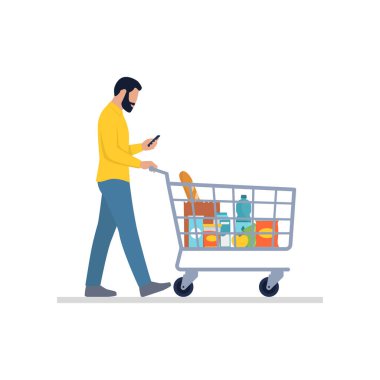 Süpermarkette market alışverişi yapan bir adam: beyaz arka planda izole edilmiş akıllı telefonunu kullanarak bir alışveriş arabası itiyor.