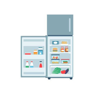 İçinde taze yiyecek depolanmış açık buzdolabı, ev aletleri konsepti, beyaz arka planda izole edilmiş.