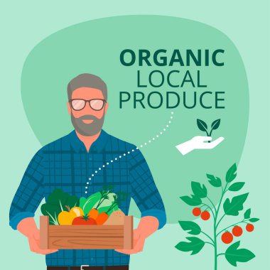 Elinde taze organik sebzeler ve meyvelerle dolu bir sandık tutan kıdemli çiftçi: sürdürülebilir organik tarım ve yerel üretim kavramı, kopyalama alanı olan sosyal medya postası şablonu