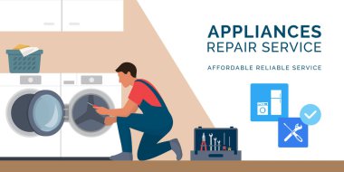 Professional repairman fixing a washing machine at home clipart