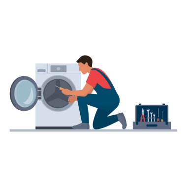 Profesyonel tamirci evde çamaşır makinesini tamir ediyor.