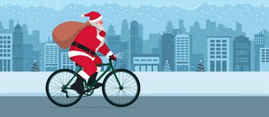Mutlu Noel Baba bisiklet sürüyor ve bir çuval dolusu Noel hediyesi taşıyor.
