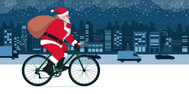 Happy Santa Claus riding a bicycle in the city street and carrying a sack full of Christmas gifts clipart