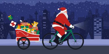 Çevre dostu Noel Baba, Noel hediyelerini dağıtıyor. Şehir caddesinde karavanı olan bir bisiklet sürüyor.