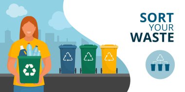 İçinde plastik şişeler olan bir çöp tenekesi tutan kadın: ayrı atık toplama ve geri dönüşüm konsepti, kopyalama alanı olan pankart