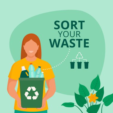 Elinde plastik şişelerle gülümseyen kadın: ayrı atık toplama ve geri dönüşüm konsepti, fotokopi alanı olan sosyal medya şablonu