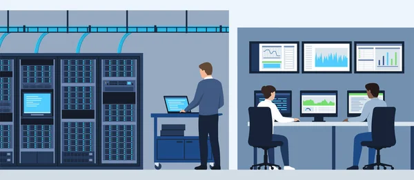 Tecnici Professionisti Che Lavorano Nel Data Center Controllano Server — Vettoriale Stock