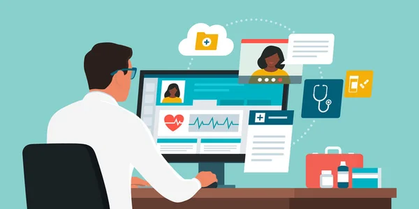 Online Γιατρός Μιλώντας Έναν Ασθενή Μια Κλήση Βίντεο Δίνει Μια — Διανυσματικό Αρχείο