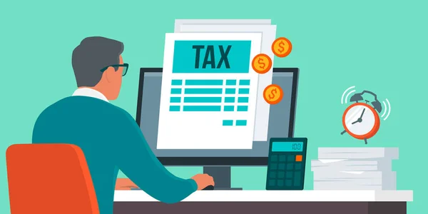 所得税申告書をオンラインで提出するビジネスマン 納税概念 — ストックベクタ