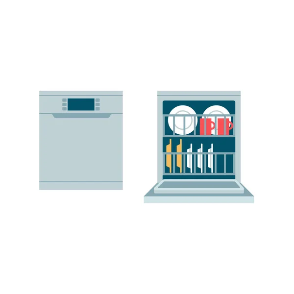 Geschlossene Und Offene Geschirrspülmaschine Auf Weißem Hintergrund Haushaltsgeräte Konzept — Stockvektor
