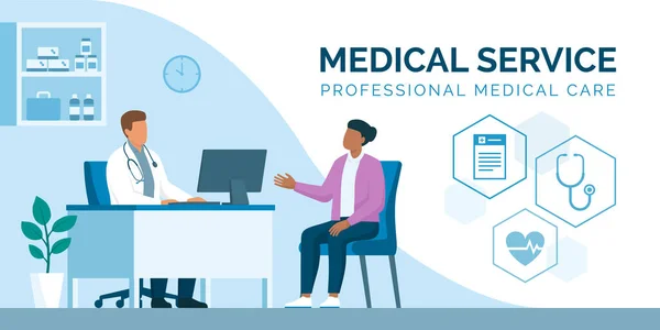 Reunión Médicos Pacientes Consultorio Medicina Concepto Salud — Vector de stock