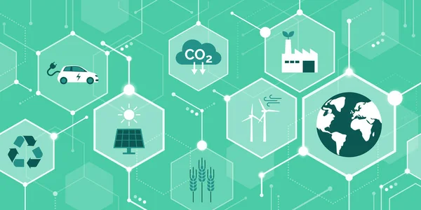 Ökologie Nachhaltigkeit Und Umweltschutz Konzeptioneller Abstrakter Hintergrund Mit Symbolen Netzwerk — Stockvektor