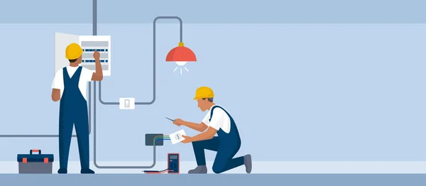 Electriciens Professionnels Travail Ils Vérifient Boîte Électricité Installent Une Prise — Image vectorielle