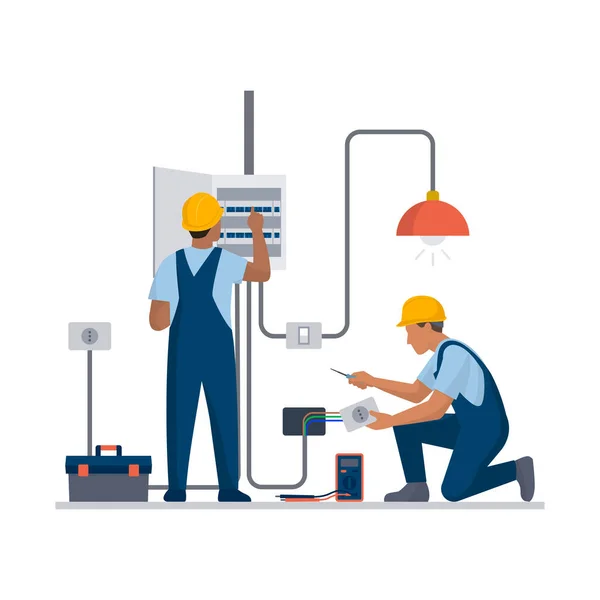 Professional Electricians Work Checking Electricity Box Installing Socket — Stock Vector