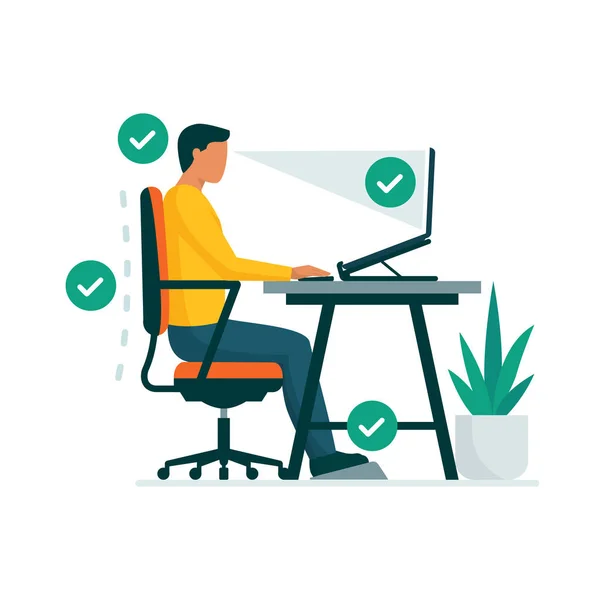 Ergonomic Workspace Proper Sitting Posture Desk Man Sitting Properly Desk — Stock Vector