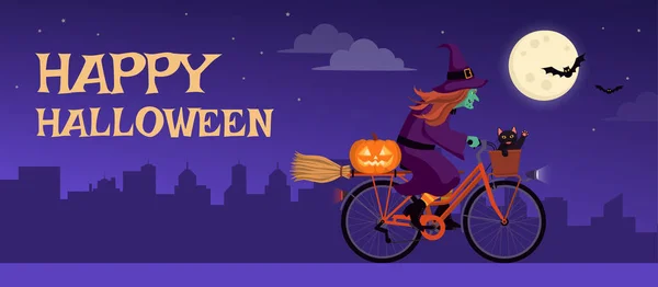 Gruselig Lustige Hexe Die Nachts Fahrrad Fährt Und Happy Halloween — Stockvektor