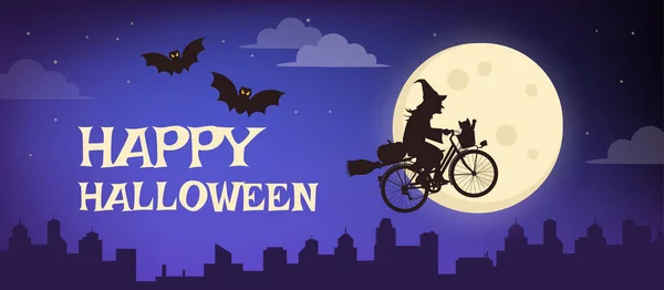 Gruselige Hexe Reitet Fahrrad Und Fliegt Der Halloween Nacht Den — Stockvektor