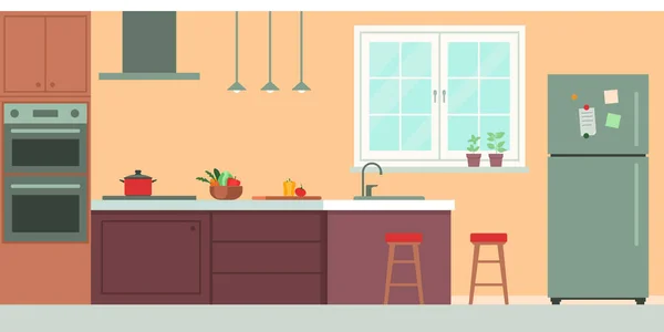 Moderne Keuken Interieur Met Voedsel Accessoires — Stockvector