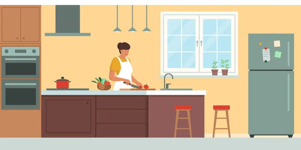 キッチンでの幸せな女性料理 国内の部屋のインテリア — ストックベクタ