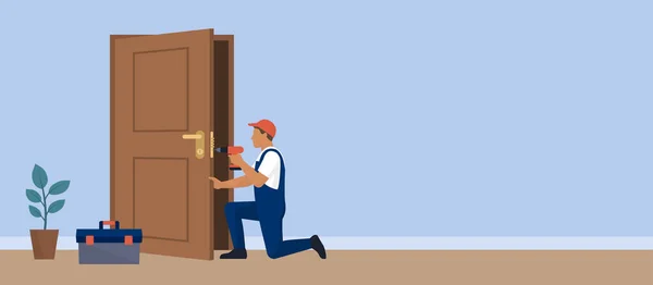 Cerrajero Profesional Reparando Una Cerradura Puerta Usando Herramientas Profesionales — Archivo Imágenes Vectoriales