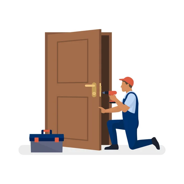 Professional Locksmith Repairing Door Lock Using Professional Tools — Stock Vector