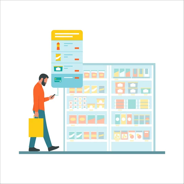 Mann Beim Einkaufen Supermarkt Kauft Handy App Isoliert Auf Weißem — Stockvektor